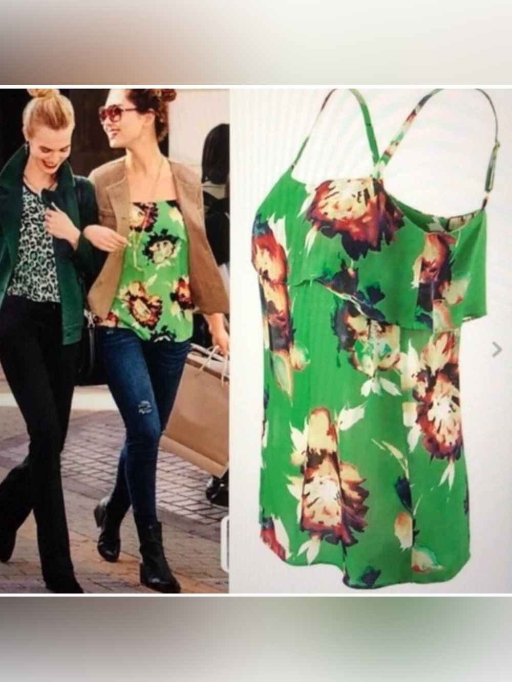 CAbi Green Floral Ruffle Camisole